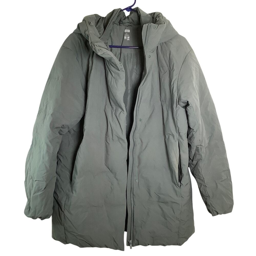 Uniqlo Women's Large Gray Hybrid Down Full Zip Hooded Jacket Coat HR13-13
